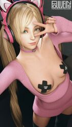 3d blonde_hair breasts breasts_out choker exhibitionism foulveins fuck_me_(text) green_eyes headphones lucky_chloe namco pasties pasties_with_text peace_sign standing sweater tekken tekken_7 twintails