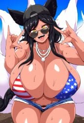 ahri ai_generated alternate_costume american_flag_bikini big_breasts black_hair gta_pedestrians huge_breasts jean_shorts large_breasts league_of_legends looking_over_eyewear looking_over_glasses looking_over_sunglasses massive_breasts multiple_tails nai_diffusion necklace open_mouth pubic_hair pubic_hair_peek riot_games stable_diffusion sunglasses sweat tan_body tinted_eyewear tongue_out vastaya yellow_eyes