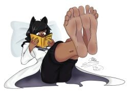 1girls 2019 barefoot blake_belladonna blush clothed clothed_female clothing dark-skinned_female dark_skin exposed_feet feet female_only foot_fetish foot_focus quinnstix reading_book rwby soles toes