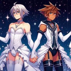 2boys ai_generated ai_hands bing_image_creator crossdressing dress femboy handholding kingdom_hearts riku skin_color_change sora sora_(kingdom_hearts) thigh_highs wedding_dress