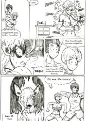 1boy 2girls coffee coffee_mug crazy crazy_eyes dragon_ball dragon_ball_super dragon_ball_z english_text erasa glaring hair_standing_up hiding no_nut_november page_13 race_of_hera right_to_left scared scared_expression scared_face scared_shitless son_gohan thewritefiction zangya