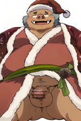 anthro ass balls belly blue_hair blush bottomless brown_body brown_fur censored christmas christmas_clothing clothed clothing facial_hair flaccid foreskin fur genitals gouryou hair hi_res holidays ineffective_censorship lifewonders male male_only mammal navel overweight penis rui_owo solo suid suina sus_(pig) tokyo_afterschool_summoners tusks wild_boar