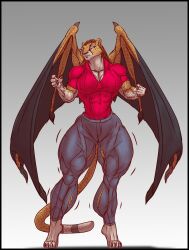 anthro b9tribeca breasts brown_hair cheetah dragon feline female hair hybrid long_hair muscles muscular muscular_arms muscular_female muscular_legs muscular_thighs tail wings xilimyth