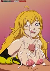 big_breasts blonde_hair cum_on_breasts cum_on_face forkedtail licking_cum paizuri partial_male rwby smiling titjob yang_xiao_long