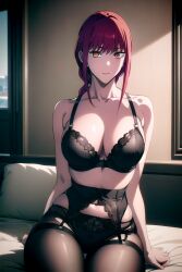 ai_generated big_breasts blush blush_lines blushing_at_viewer breasts breasts_out chainsaw_man cleavage cleavage_cutout curvaceous curvy garter_straps golden_eyes iron_art lingerie looking_at_viewer makima_(chainsaw_man) milf mommy pixai pov pov_eye_contact red_hair smile smirk smirking underwear yellow_eyes