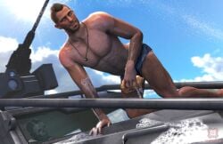 1boy 3d 3d_model activision blue_eyes blue_sky brown_hair call_of_duty call_of_duty_modern_warfare_2_(2022) day daytime fanservice ghost_(modern_warfare_2) hairy_chest hunk john_mactavish male male/male male_focus male_only male_pov obbi_mation short_shorts simon_riley skimpy soap_(modern_warfare_2) soap_suds solo sponge stud washing