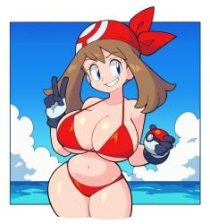 bandana beach big_breasts bikini blue_eyes breasts brown_hair cleavage female female_only huge_breasts large_breasts may_(pokemon) peace_sign perfect_body pokeball pokemon pokemon_rse sideass skindentation smile solo stealth_brock teasing thick_thighs