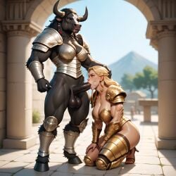 ai_generated anthro anthropomorphic black_skin blonde_female blowjob bull bull_horns dominant_anthro eogard_orc female_warrior futa_anthro futa_on_female futanari hooves interspecies muscular_anthro muscular_female on_knees original_character self_upload stable_diffusion tauren_female warrior