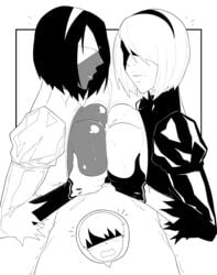 1boy 2girls alternate_costume areolae big_breasts bimbo breast_focus breasts chocolate_and_vanilla cum cum_between_breasts cumshot dark-skinned_female dark_skin double_paizuri ejaculation_between_breasts female interracial khexxi large_breasts male monochrome nier nier:_automata nipples outercourse paizuri pov straight symmetrical_docking yorha_2b yorha_2p yorha_9s