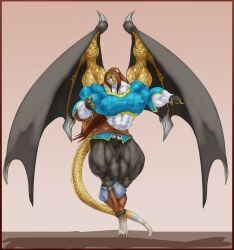 abs anthro b9tribeca biceps big_muscles breasts brown_hair cheetah dragon feline female hair hybrid large_muscles long_hair muscles muscular muscular_arms muscular_female muscular_legs muscular_thighs tail wings xilimyth