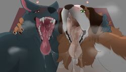 2girls anthro big_tongue canid canine gunhild_(securipun) mature_anthro mature_female mawshot multiple_girls pov saliva saliva_drip saliva_trail securipun steam teeth veronica_(securipun)