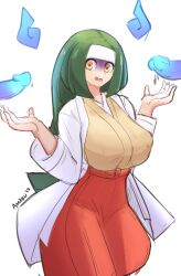 artist_name asekeu breasts channeler_(pokemon) commentary disembodied_penis english_commentary female green_eyes green_hair hakama headband highres japanese_clothes large_breasts long_hair long_sleeves open_mouth penis pokemon shaded_face simple_background skirt white_background white_headband yellow_eyes
