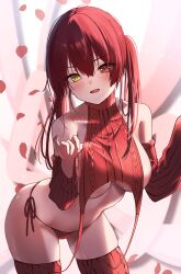 1girls bare_shoulders breasts detached_sleeves fangs hair_between_eyes heterochromia hololive hololive_fantasy hololive_japan houshou_marine large_breasts long_hair looking_at_viewer meme_attire nisi_ki_no open_mouth red_eyes red_hair solo thighs turtleneck turtleneck_sweater twintails underwear virgin_destroyer_sweater virgin_killer_sweater virtual_youtuber yellow_eyes