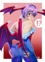 !? 1girls 2023 ass ass_grab bat_print blue_pantyhose blush capcom clothing commission darkstalkers dat_ass female female_only gauntlets grabbing_own_ass head_wings hi_res leotard lilith_aensland looking_back pantyhose purple_hair rear_view red_eyes short_hair small_breasts solo speech_bubble succubus succubus_wings thick_ass tovio_rogers wings