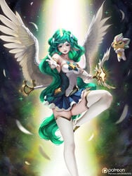 1girls alternative_costume animal_ears armlet bare_shoulders blue_skirt breasts clavicle clothed feathers female gloves gold_trim green_eyes green_hair holding holding_object holding_staff horn jewelry league_of_legends leg_up letdie1414 long_hair looking_at_viewer magical_girl medium_breasts miniskirt one_leg_raised open_mouth outstretched_arms panties pantyshot patreon patreon_username pleated_skirt skirt soraka staff star_guardian star_guardian_series star_guardian_soraka url very_long_hair white_gloves white_legwear wings