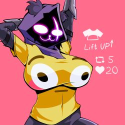 :3 dressed female_only flushed flushed_emoji flushed_emoji_shirt flushed_face fortnite fortnite:_battle_royale fur furry gloves hood one_arm_up one_hand_behind_head purple_eyes purple_fur purple_skin raven_team_leader solo standing tshirt yellow_shirt