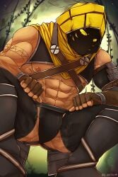 1boy bk_mita bulge clothed clothing fully_clothed male male_only muscular muscular_male nipples original_character pecs sitting solo solo_focus sweat yellow_eyes