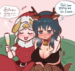 2girls alternate_costume breast_grab breasts byleth_(fire_emblem) byleth_(fire_emblem)_(female) christmas cleavage drunk edelgard_von_hresvelg english_text female female_only fire_emblem fire_emblem:_three_houses groping large_breasts medium_breasts multiple_girls nagasawa_(tthnhk) nintendo post-timeskip text yuri