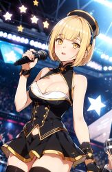 ai_generated bleach blonde_hair breasts cleavage cleavage_cutout clothing_cutout female girl holding_microphone idol liltotto_lamperd microphone petite short_hair skirt solo stable_diffusion stage star_(symbol) thighhighs unstable_diffusion yellow_eyes young