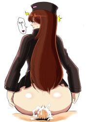 ander andr andr_(mob_talker) ass big_ass blush brown_hair cerberuspink cum enderman enderwoman female female_only hat long_hair looking_at_viewer looking_back looking_pleasured minecraft mob_talker pleasure_face purple_eyes skirt turtleneck