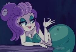 4_fingers belly_button cala_maria clam_shell cleavage cuphead_(game) green_scales looking_at_hand mermaid midriff pale-skinned_female purple_hair redraw shell_bra the_cuphead_show wide_hips