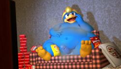 3d 3d_(artwork) big_belly bonfiefat couch eating eating_food erection fat food huge_belly king_dedede kirby_(series) male male_only obese overweight overweight_male sfm source_filmmaker tagme