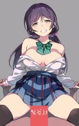 1boy bare_shoulders black_thighhighs blue_skirt bow bowtie breasts censored cleavage clenched_teeth cowgirl_position cowgirl_position duke_(inu_daimyou) female green_bow green_bowtie hair_ornament hair_scrunchie holding_hands long_hair looking_at_viewer love_live! love_live!_school_idol_project low_twintails pink_scrunchie plaid plaid_skirt purple_eyes purple_hair scrunchie shirt skirt smile straddling striped striped_bow striped_bowtie teeth thighhighs toujou_nozomi twintails white_shirt