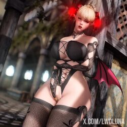 1:1 1girls 3d animated black_nails blonde_hair blue_eyes demon demon_girl female female_masturbation fingering fishnet_legwear fishnet_thighhighs fishnets hannah_the_succubus horn leotard light-skinned_female light_skin looking_at_viewer lwdluna_(artist) masturbation no_sound outdoors red_lipstick revealing_clothes shorter_than_30_seconds skyrim solo standing succubus tagme thick_thighs thighhighs video wide_hips wings