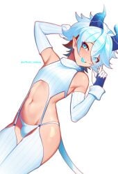 1boy 2d 2d_(artwork) anime_style arched_back blue_eyes blush caelum(vtuber) caelum_vt crossdressing demon demon_horns demon_tail femboy girly indie_virtual_youtuber looking_at_viewer male male_only male_pov open_mouth outfit partially_clothed sweater tagme trend tummy virtual_youtuber white_hair