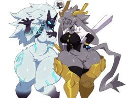 absurd_res anthro antlers big_breasts bovid breasts butt caprine clothed clothing crossover crotch_tuft cyberlord1109 duo eyelashes featureless_breasts fecharis felid female fur goat grey_body grey_fur hair hi_res horn jackalope kindred lagomorph lamb_(league_of_legends) league_of_legends legwear leporid mammal mask meme phantomarcade_kiss pseudoregalia rabbit riot_games sheep shitpost simple_background sybil_(pseudoregalia) tagme tail thick_thighs tuft white_body white_fur wide_hips