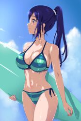 1girls bikini blue_hair blue_sky blush breasts cloud collarbone day female_focus hi_res holding holding_object large_breasts long_hair love_live! love_live!_sunshine!! lowleg lowleg_bikini matsuura_kanan navel outdoors ponytail purple_eyes shadow sky smile solo standing string_bikini striped striped_bikini surfboard swimsuit wet zundarepon