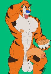 1boy abs anthro armpit_hair aurzz balls big_balls big_penis body_hair foreskin frosted_flakes genitals hi_res huge_balls huge_cock kellogg's looking_at_viewer male male_only mascot muscular muscular_male nipples penis saggy_balls solo tongue tongue_out tony_the_tiger