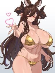 animal_ears bare_shoulders bikini black_hair blowing_kiss blush breasts brown_hair cameltoe cleavage closed_eyes collarbone cowboy_shot curvy facing_viewer female galleon_(granblue_fantasy) gold_bikini gradient_background granblue_fantasy grey_background groin heart highres horns huge_breasts lancer24 long_hair md5_mismatch micro_bikini navel shiny_clothes shiny_swimsuit simple_background skindentation solo standing stomach string_bikini swimsuit very_long_hair white_background yellow_bikini