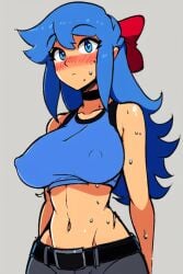 ai_generated blue_hair blush friday_night_funkin gym_clothes nipples_visible_through_clothing pink_bow pixai red_bow sweat tagme yoshubs