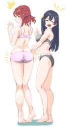 2girls angry ass ass_slap blush bra breasts calvin_klein chokkakudo closed_eyes love_live! love_live!_nijigasaki_high_school_idol_club open_mouth panties smile standing thumbs_up uehara_ayumu underwear yuri yuuki_setsuna_(love_live!)