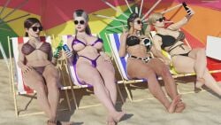 3d 4girls alternate_version_available beach beach_chair beach_towel beach_umbrella big_breasts bikini breasts cassie_cage cow_print eyewear female female_only kitana kitana_(mk11) mortal_kombat mortal_kombat_11 mortal_kombat_1_(2023) sindel skarlet sunglasses swimsuit the_unhindered_fool thick_thighs tinted