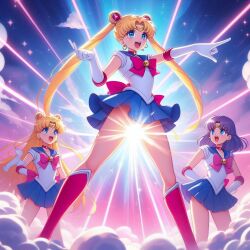 ai_generated ami_mizuno bing_image_creator bishoujo_senshi_sailor_moon clothing laser laser_beam minako_aino sailor_mercury sailor_moon sailor_venus skirt usagi_tsukino weaponized_vagina what