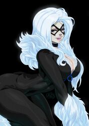 1girls 2023 aqua_eyes black_background black_cat_(marvel) bodysuit collar crouching eye_mask felicia_hardy female female_only hi_res inner_sideboob large_breasts long_hair looking_at_viewer marvel marvel_comics mask narrowed_eyes silver_hair smiling smiling_at_viewer solo spider-man_(series) tight_clothing tovio_rogers white_hair