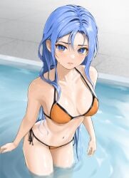 bikini blue_eyes blue_hair breasts chaesu looking_up minah navel solo solo_female swimming_pool swimsuit swimwear