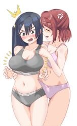 2girls anger_vein angry blush bow_panties bra breasts calvin_klein chokkakudo cleavage embarrassed hand_on_another's_chest love_live! love_live!_nijigasaki_high_school_idol_club navel open_mouth panties uehara_ayumu underwear yuri yuuki_setsuna_(love_live!)