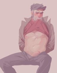 biting_clothes closed_eyes fully_clothed gay gravity_falls grey_hair hands_behind_back older_male solo_male stanford_pines sweat yaoi