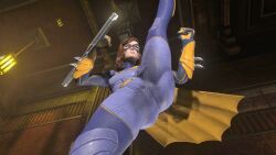 3d ass bat_ears batgirl batgirl_(gotham_knights) big_ass bodysuit brown_hair cape clothed clothed_ass comic costume gotham_knights heroine huge_ass large_ass leg_lift leg_lifted leg_up legs_open open_legs superheroine tight_clothing tight_fit video_game video_games