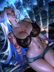 1girls animal_ears arm_tattoo bra chest_tattoo cityscape cleavage cubeskar detailed_background gold_eyes horns huge_breasts jean_shorts long_hair looking_at_viewer midriff navel railing scales shiny_skin short_shorts shorts snake_girl tagme thighs white_hair wide_hips