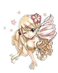 bembos bikini blonde_hair breasts brown_eyes cleavage earrings eyebrows_visible_through_hair fairy_tail female flower food hair_between_eyes hair_flower hair_ornament hand_tattoo ice_cream ice_cream_cone jewelry kneeling large_breasts lucy_heartfilia mashima_hiro official_art one_eye_closed simple_background smile solo star_(symbol) star_earrings swimsuit white_background