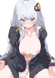 ahoge black_cardigan blue_eyes blush breasts cardigan cleft_of_venus collarbone female female_pubic_hair grey_hair highres kizuna_akari large_breasts long_hair long_sleeves looking_at_viewer naked_cardigan navel nipples open_cardigan open_clothes pocche-ex pubic_hair pussy sitting solo stomach sweat uncensored very_long_hair voiceroid wariza