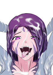 624_(artist) ahe_gao bodysuit cum cum_in_mouth cum_on_face face_markings heart-shaped_pupils kai'sa league_of_legends purple_eyes purple_hair riot_games smile throat tongue tongue_out white_skin