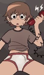 1boy brown_hair bulge bulge_through_clothing drawfag gay male male_only male_underwear neil_nordegraf partially_clothed scott_pilgrim solo solo_male sweat sweating tagme telephone