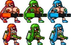 3girls barely_clothed blue_hair blue_nipples breast_expansion breast_growth breasts_out dark-skinned_female dark_skin expansion green_hair green_nipples gun huge_breasts hyper_breasts inkling inkling_girl milking milking_machine multiple_girls orange_hair orange_nipples pixel_art sabs3 shirt_lift shorts splatoon sprite sprite_sheet transparent_background