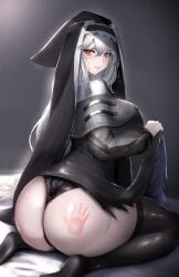 1girls arknights ass black_dress black_legwear black_panties breasts capelet clenched_teeth dress dress_lift eyebrows_visible_through_hair hair_between_eyes hand_print headwear kneeling large_ass large_breasts lifted_by_self long_hair long_sleeves looking_at_viewer looking_back no_shoes nun panties poni_(poni_arknights) red_eyes silver_hair solo solo_female spank_marks specter_(arknights) thighhighs underwear veil