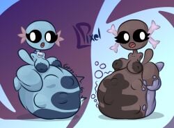 2girls :0 :o anthro armless axolotl big_breasts black_sclera blue_nipples blue_skin brown_nipples brown_skin collar female female_pred huge_ass huge_thighs hyper_belly in_the_air lpixel multiple_girls nude paldean_wooper pokemon pokemon_(species) pokemon_gsc pokemon_sv stomach_noises vore vore_belly white_eyes wooper